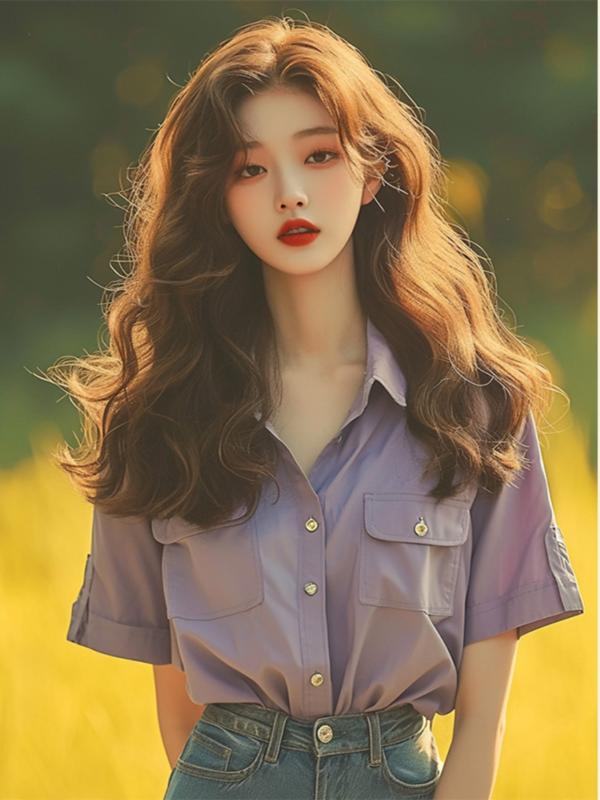 秋服 レディース ファッション オシャレ カワイイ シンプル 大人カワイイ 大きいサイズ レトロ スタイル 紫 半袖 シャツ 秋