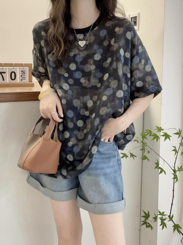 秋服 レディース ファッション オシャレ カワイイ シンプル 大人カワイイ 大きいサイズ 秋 水玉 プリント テンセル 半袖 シャツ