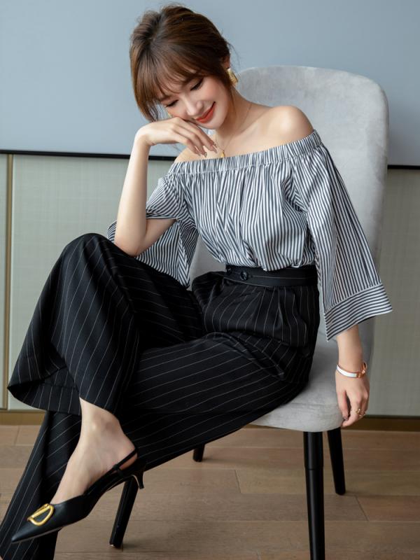 秋服 レディース ファッション オシャレ カワイイ シンプル 大人カワイイ 大きいサイズ 秋 ハイウエスト ワイド レッグ パンツ ストライプ オフショルダー トップス カジュアル スリム スーツ スタイル