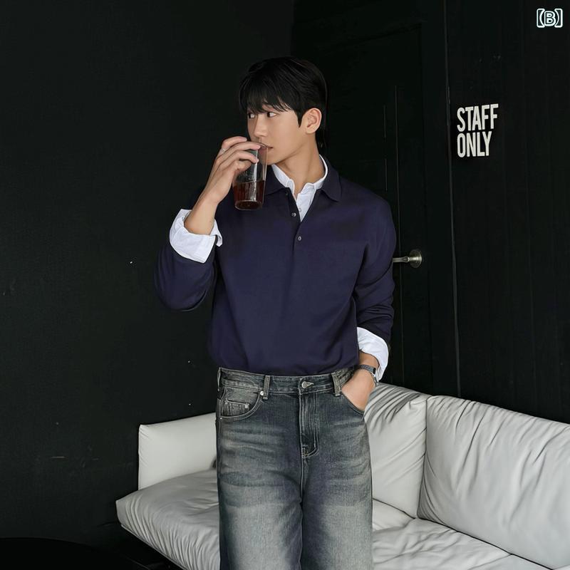 秋冬 メンズ 服 シンプル ファッション オシャレ 大人 かっこいい 大きいサイズ ストリート 紳士服 秋 ニット 長袖 ポロ シャツ レトロ 無地 セーター カジュアル