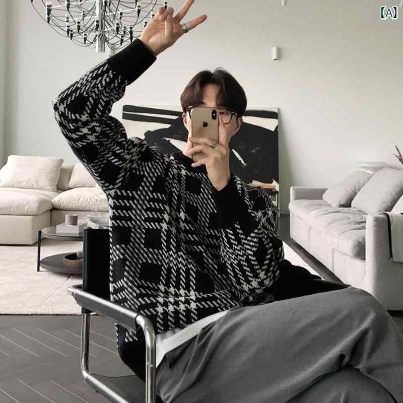 秋冬 メンズ 服 シンプル ファッション オシャレ 大人 かっこいい 大きいサイズ ストリート 紳士服 セーター 韓国スタイル チェック柄 ラウンドネック 秋冬 コート