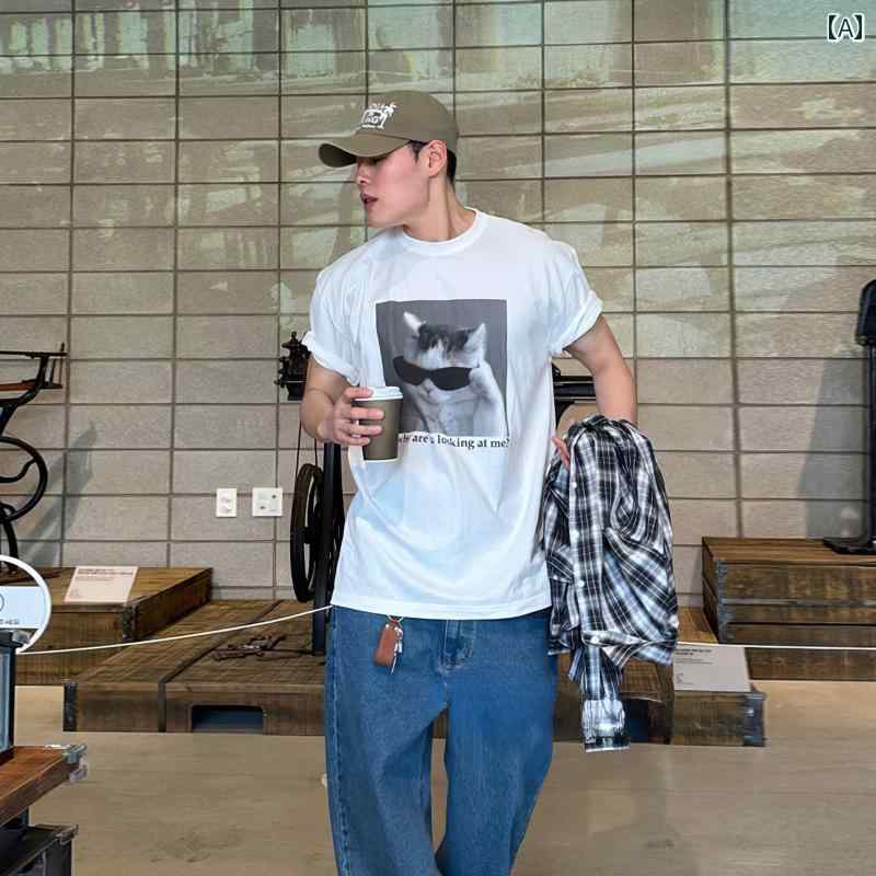 秋冬 メンズ 服 シンプル ファッション オシャレ 大人 かっこいい 大きいサイズ ストリート 紳士服 ラウンドネック 半袖 T シャツ 秋 アメリカン レトロ サングラス プリント カジュアル 快適