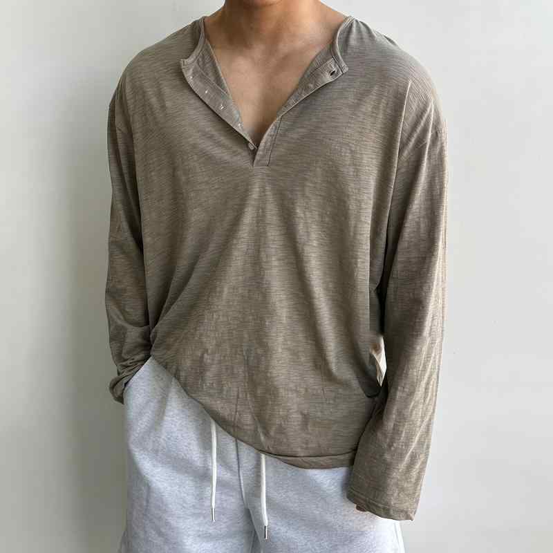 秋冬 メンズ 服 シンプル ファッション オシャレ 大人 かっこいい 大きいサイズ ストリート 紳士服 長袖 ヘンリー カラー T シャツ レトロ トップス カジュアル