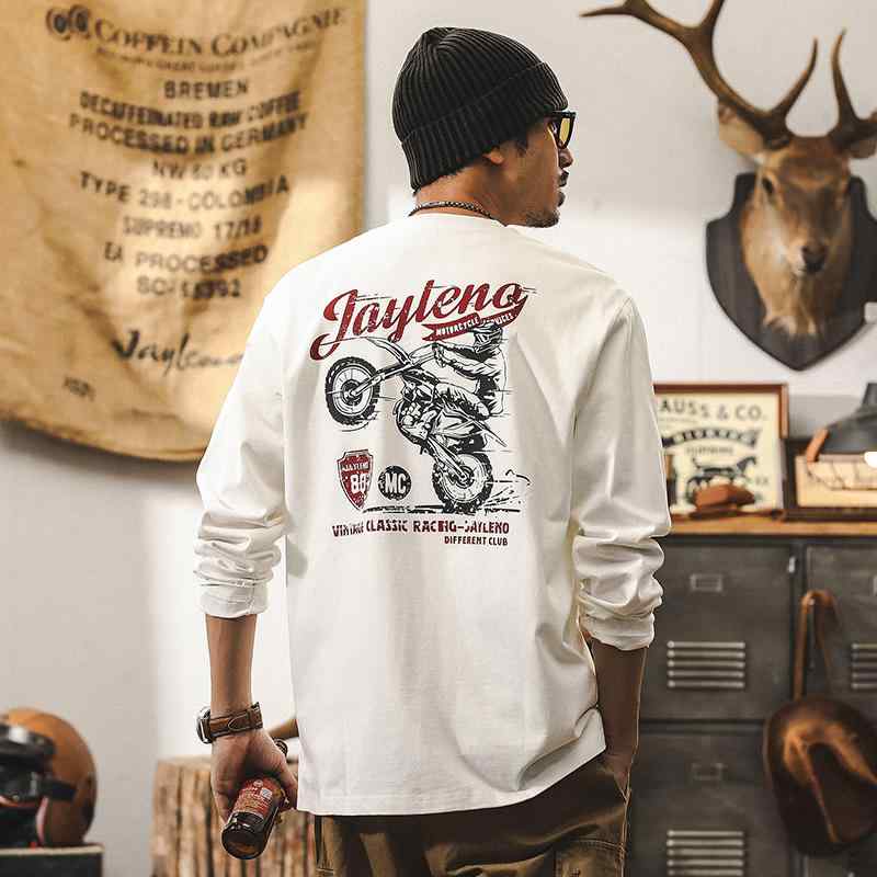 秋冬 メンズ 服 シンプル ファッション オシャレ 大人 かっこいい 大きいサイズ ストリート 紳士服 アメリカン レトロ 260 グラム 長袖 T シャツ 秋 プリント トップス コットン