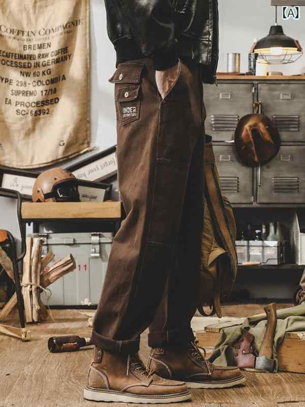秋冬 メンズ 服 シンプル ファッション オシャレ 大人 かっこいい 大きいサイズ ストリート 紳士服 秋 アメリカン レトロ カーゴ パンツ 機能的 ストレート マルチ ポケット 通勤ウェア カジュアル
