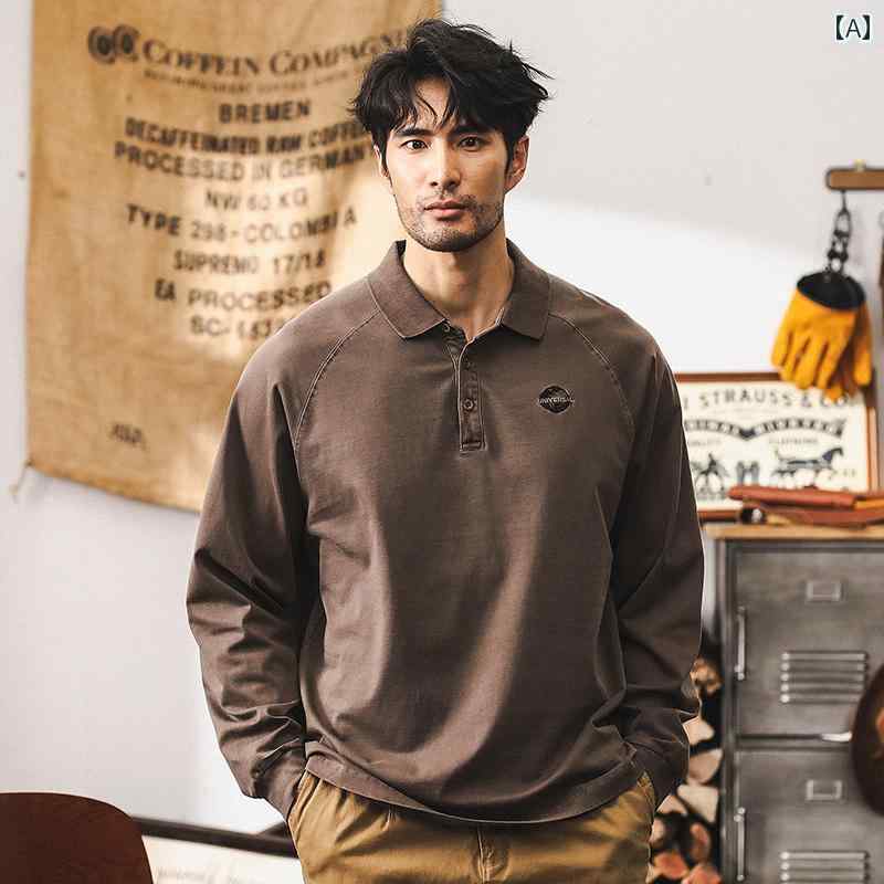 秋冬 メンズ 服 シンプル ファッション オシャレ 大人 かっこいい 大きいサイズ ストリート 紳士服 秋 アメリカン レトロ T シャツ コットン ウォッシュ 長袖 ポロ