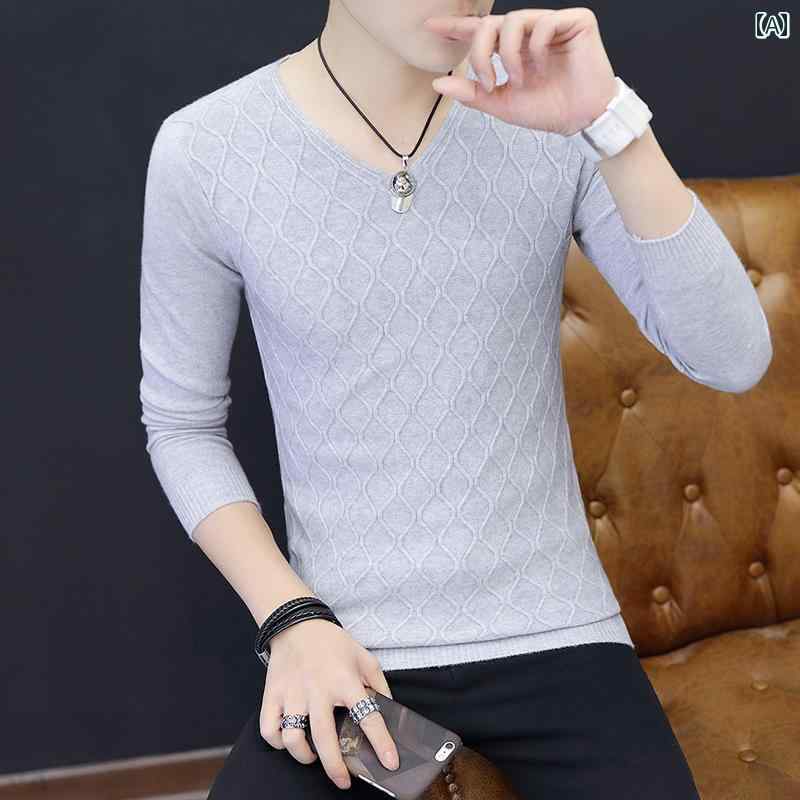 秋冬 メンズ 服 シンプル ファッション オシャレ 大人 かっこいい 大きいサイズ ストリート 紳士服 秋 Vネック シャツ 韓国スタイル スリム 白 セーター 薄手