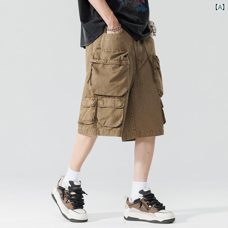 秋冬 メンズ 服 シンプル ファッション オシャレ 大人 かっこいい 大きいサイズ ストリート 紳士服 マルチ ポケット カーゴ パンツ 秋 アメリカン 綿 ウォッシュド 五分丈 ブラウン ミッド