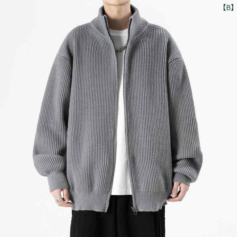 秋冬 メンズ 服 シンプル ファッション オシャレ 大人 かっこいい 大きいサイズ ストリート 紳士服 ダブル エンド ジッパー スタンドカラー カーディガン セーター ニット ジャケット 冬