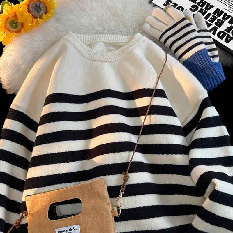秋冬 メンズ 服 シンプル ファッション オシャレ 大人 かっこいい 大きいサイズ ストリート 紳士服 冬 ストライプ クルー ネック セーター 厚手 ゆったり アメリカ