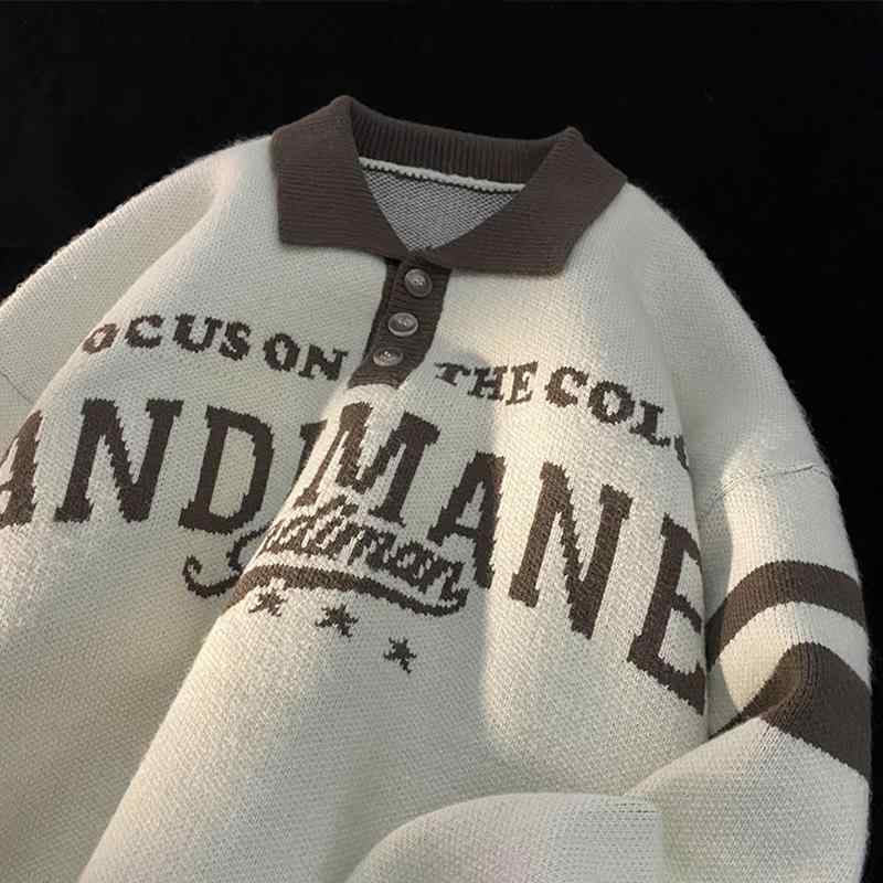 秋冬 メンズ 服 シンプル ファッション オシャレ 大人 かっこいい 大きいサイズ ストリート 紳士服 冬 レター ジャカード ポロ カラー セーター ジャケット アメリカン