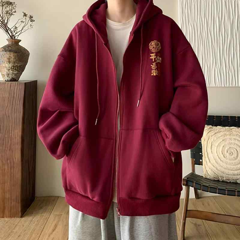 秋冬 メンズ 服 シンプル ファッション オシャレ 大人 かっこいい 大きいサイズ ストリート 紳士服 アンコ レッド カーディガン スウェット シャツ 服 フード付き ジャケット