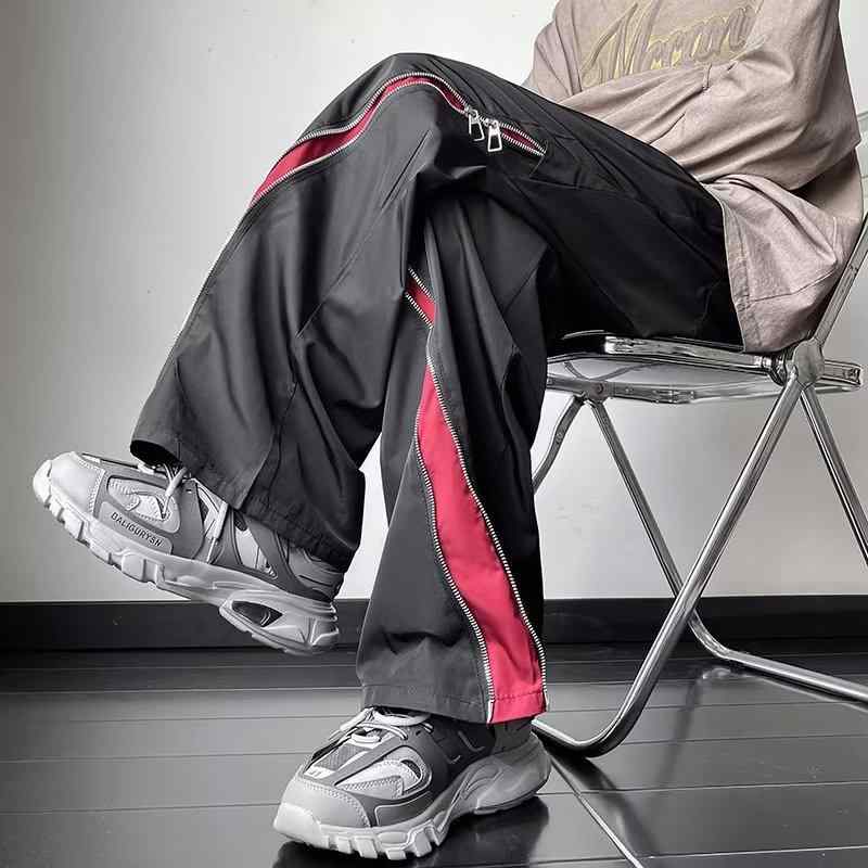 秋冬 メンズ 服 シンプル ファッション オシャレ 大人 かっこいい 大きいサイズ ストリート 紳士服 春秋 スリット ジッパー カラー ブロック アサルト パンツ アメリカン ストリート カジュアル ストレート ワイド