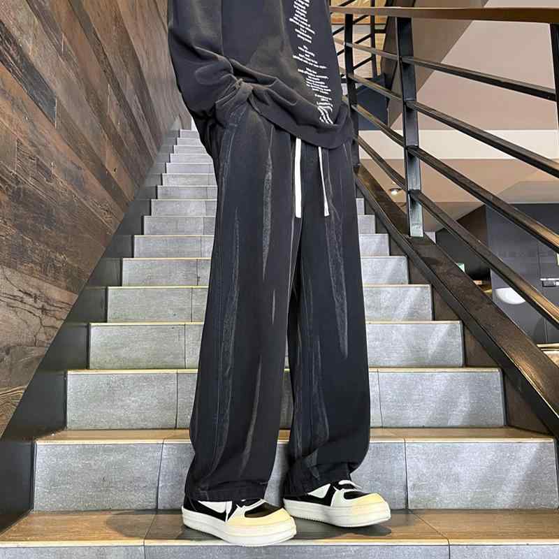 秋冬 メンズ 服 シンプル ファッション オシャレ 大人 かっこいい 大きいサイズ ストリート 紳士服 タイダイ柄 ブラック ジーンズ フィット ストレート パンツ アメリカン レトロ ワイド レッグ(4.0)