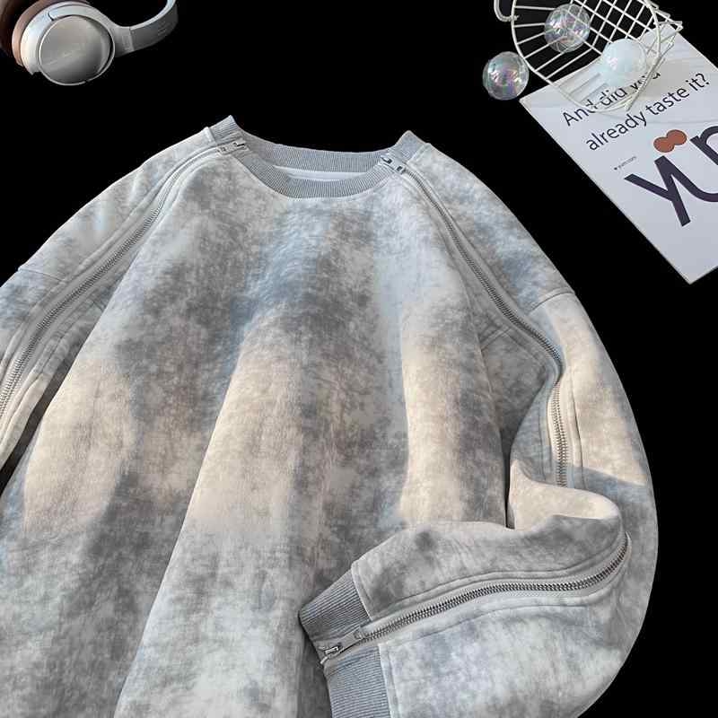 秋冬 メンズ 服 シンプル ファッション オシャレ 大人 かっこいい 大きいサイズ ストリート 紳士服 ダブル ジッパー タイダイ柄 ダーティ スウェット シャツ アメリカン ストリート トップス ジャケット