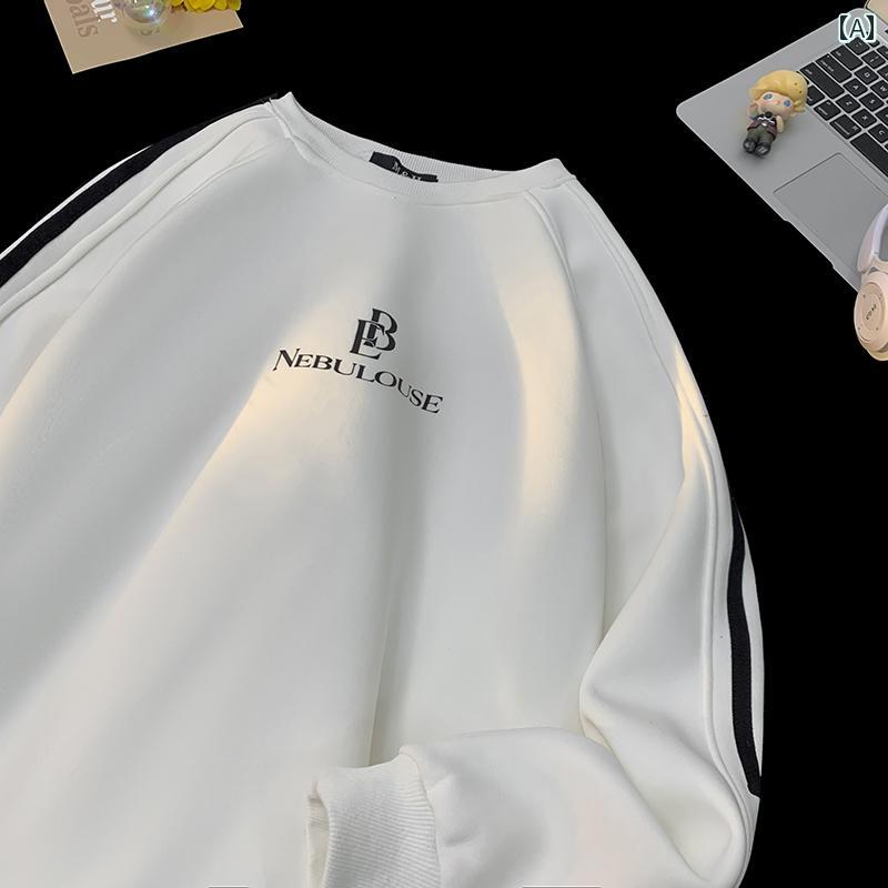 秋冬 メンズ 服 シンプル ファッション オシャレ 大人 かっこいい 大きいサイズ ストリート 紳士服 ストライプ ラウンドネック スウェット シャツ アメリカン 服 ゆったり ラグランスリーブ ジャケット