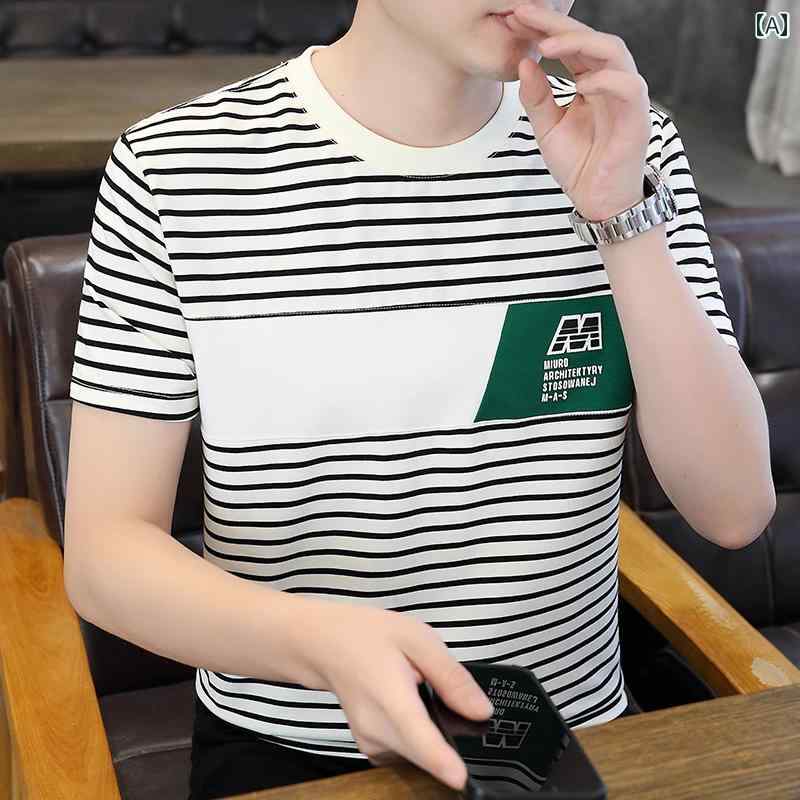 メンズ ファッション 服 男性用 オシャレ シンプル 大人 かっこいい ストリート ストライプステッチ 半袖 シャツ 薄手半袖 ラウンドネック シャツ カジュアル サマートップス