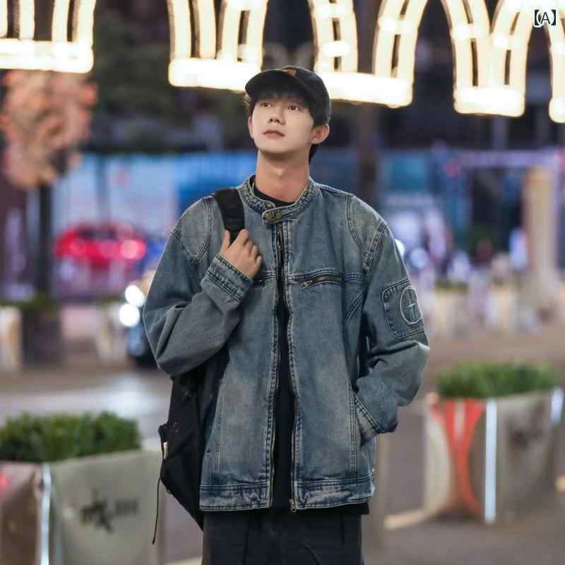 秋冬 コーデ メンズ 服 シンプル ファッション オシャレ 大人 かっこいい 大きいサイズ ストリート 紳士服 アメリカン レトロ ダメージ ウォッシュ デニム ジャケット カジュアル ジッパー カップル トップス