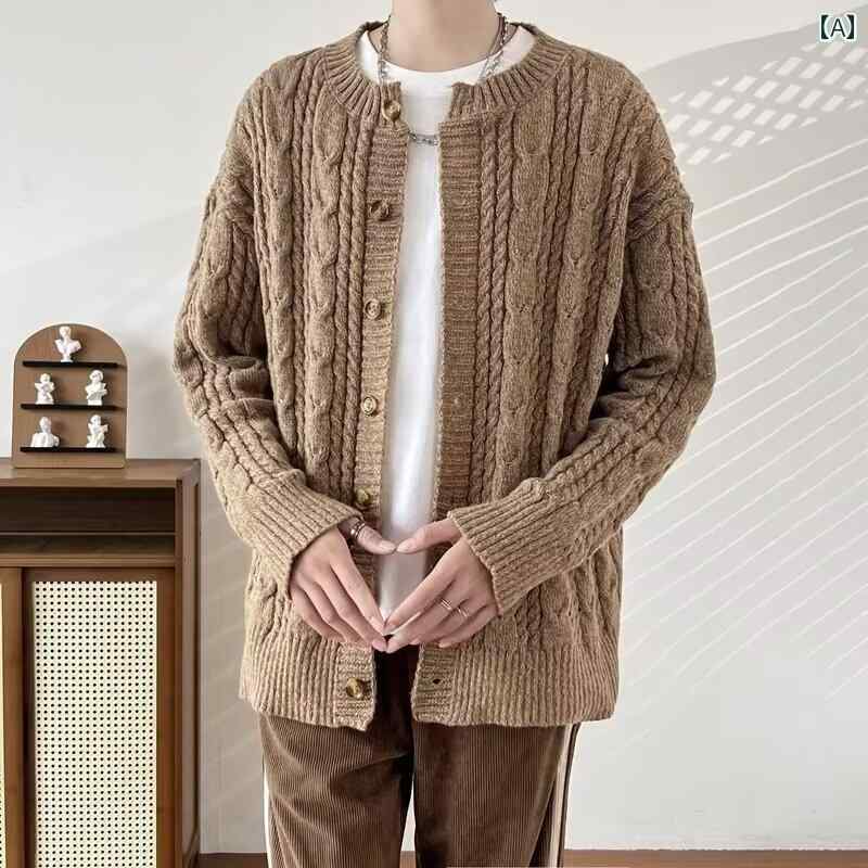 秋冬 コーデ メンズ 服 シンプル ファッション オシャレ 大人 かっこいい 大きいサイズ ストリート 紳士服 ウォルナット ブラウン ニットカーディガン ジャケット レトロ カジュアル 長袖 セーター