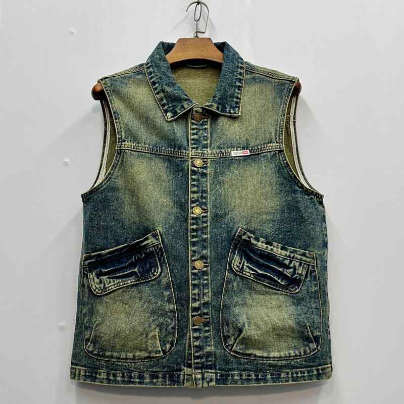 秋冬 コーデ メンズ 服 シンプル ファッション オシャレ 大人 かっこいい 大きいサイズ ストリート 紳士服 アメリカン レトロ デニム ベスト シンプル 大きいポケット ワークウェア ベスト ジャケット