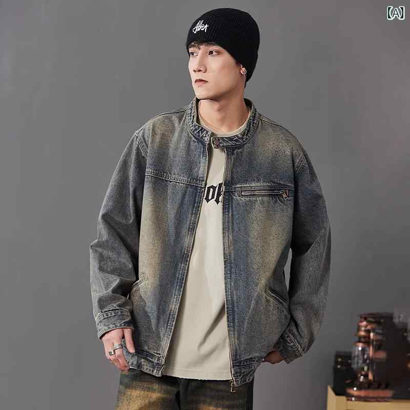 秋冬 コーデ メンズ 服 シンプル ファッション オシャレ 大人 かっこいい 大きいサイズ ストリート 紳士服 イエロー デニム ジャケット アメリカン ウォッシュド レトロ オールド ハイエンド ワークウェア ジャケット