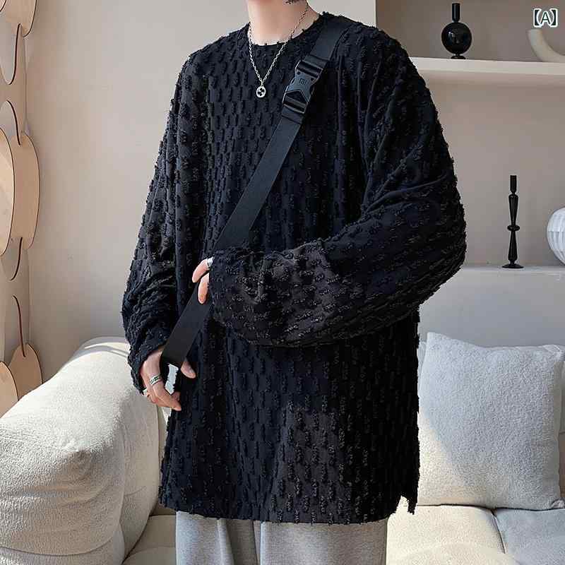 秋冬 コーデ メンズ 服 シンプル ファッション オシャレ 大人 かっこいい 大きいサイズ ストリート 紳士服 アメリカン ロー エッジ ジャカード 長袖 T シャツ ラウンドネック レイヤリング スウェットシャツ トップス