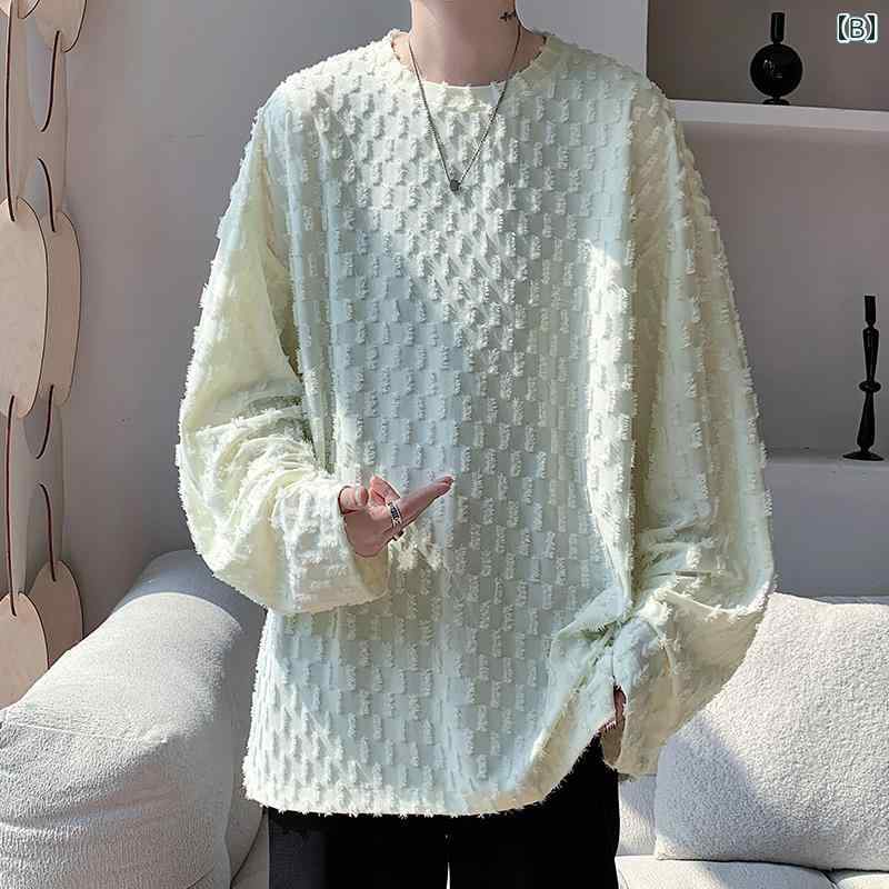 秋冬 コーデ メンズ 服 シンプル ファッション オシャレ 大人 かっこいい 大きいサイズ ストリート 紳士服 アメリカン ロー エッジ ジャカード 長袖 T シャツ ラウンドネック レイヤリング スウェットシャツ トップス