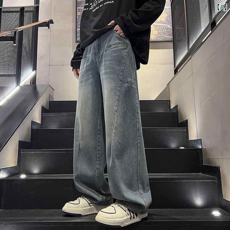 秋冬 コーデ メンズ 服 シンプル ファッション オシャレ 大人 かっこいい 大きいサイズ ストリート 紳士服 アメリカン マルチ ポケット ワークウェア ホワイト ジーンズ カジュアル ストレート パンツ フロア レングス ロング