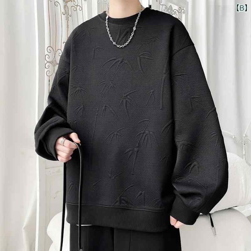秋冬 コーデ メンズ 服 シンプル ファッション オシャレ 大人 かっこいい 大きいサイズ ストリート 紳士服 アメリカン エンボス ダーク プルオーバー ラウンドネック スウェットシャツ ボトム 長袖 T シャツ ジャケット