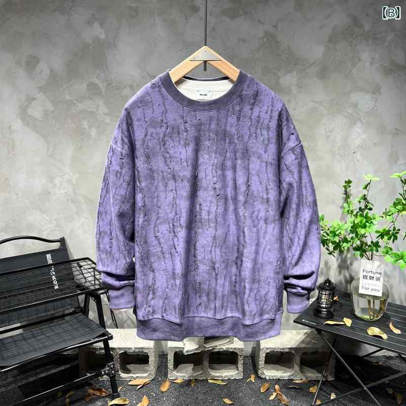 秋冬 コーデ メンズ 服 シンプル ファッション オシャレ 大人 かっこいい 大きいサイズ ストリート 紳士服 ウォッシュ加工 ダメージ ラウンドネック プルオーバー スウェットシャツ アメリカン レトロ トップス