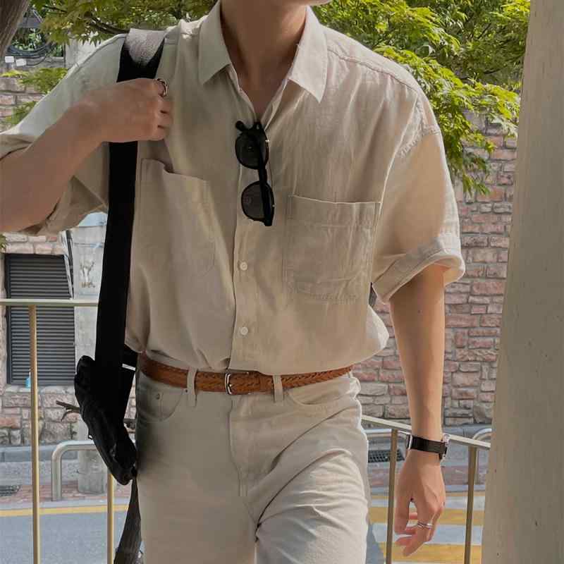 秋冬 コーデ メンズ 服 シンプル ファッション オシャレ 大人 かっこいい 大きいサイズ ストリート 紳士服 半袖 シャツ 韓国スタイル 薄手 ハイエンド ライト トップス