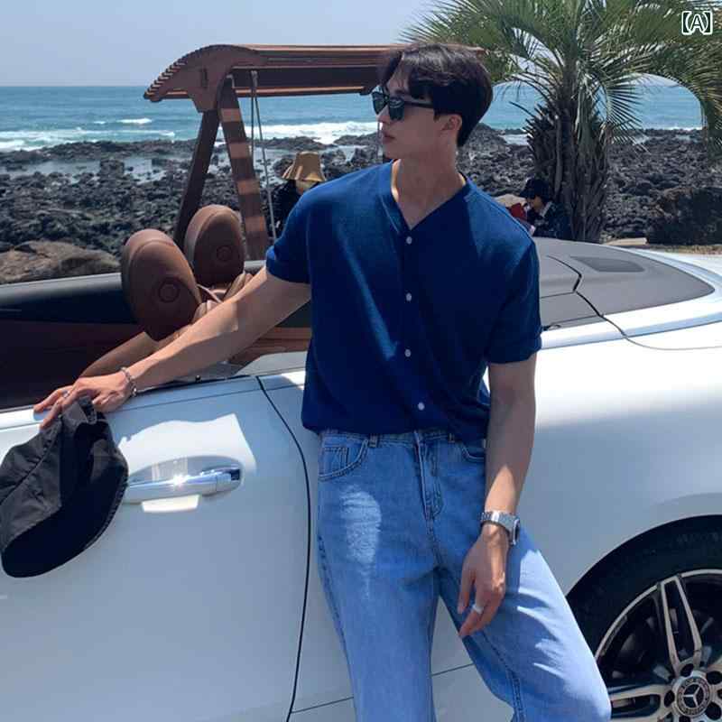 秋冬 コーデ メンズ 服 シンプル ファッション オシャレ 大人 かっこいい 大きいサイズ ストリート 紳士服 半袖 ハイエンド Vネック ニット カーディガン カジュアル 快適 T シャツ