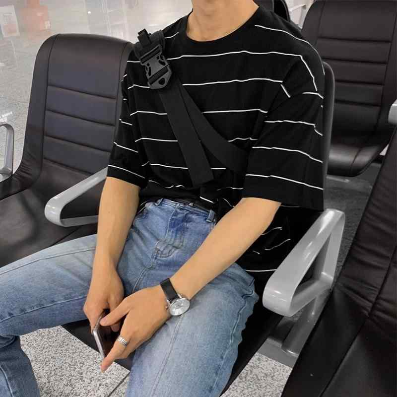 秋冬 コーデ メンズ 服 シンプル ファッション オシャレ 大人 かっこいい 大きいサイズ ストリート 紳士服 ラウンドネック ストライプ 半袖 T シャツ カジュアル トップス