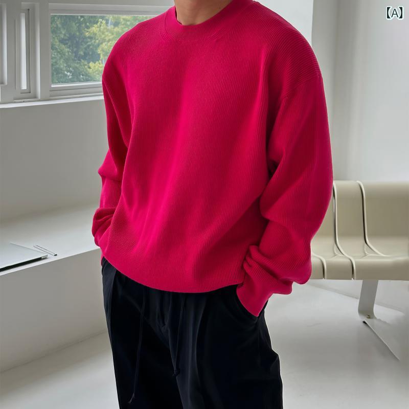 秋冬 コーデ メンズ 服 シンプル ファッション オシャレ 大人 かっこいい 大きいサイズ ストリート 紳士服 ローズレッド ラウンドネック ニット セーター カジュアル 長袖 プルオーバー