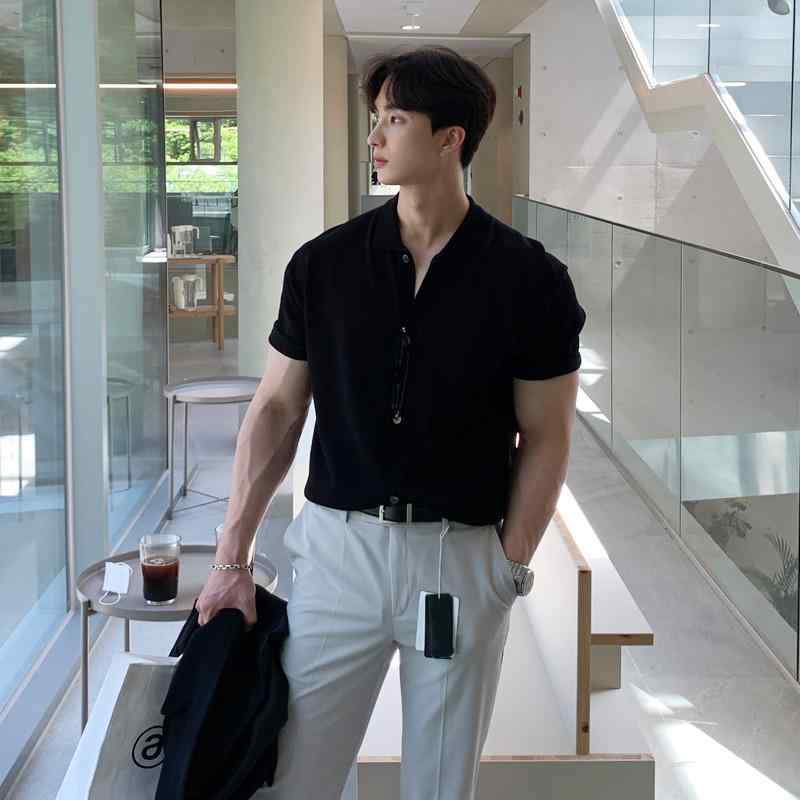 秋冬 コーデ メンズ 服 シンプル ファッション オシャレ 大人 かっこいい 大きいサイズ ストリート 紳士服 半袖 ポロ シャツ 襟 ハイエンド アメリカン レトロ カジュアル ニット T シャツ