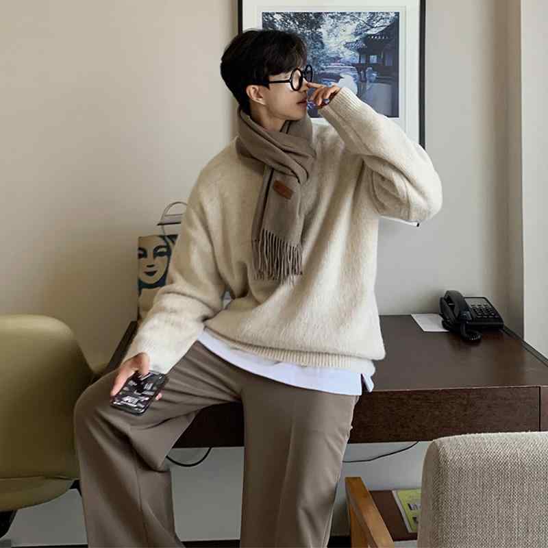 秋冬 コーデ メンズ 服 シンプル ファッション オシャレ 大人 かっこいい 大きいサイズ ストリート 紳士服 ソリッドカラー セーター カジュアル レトロ ラウンドネック トップス ジャケット