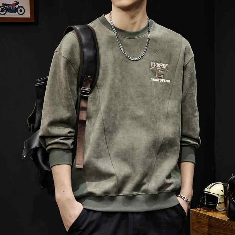 秋冬 コーデ メンズ 服 シンプル ファッション オシャレ 大人 かっこいい 大きいサイズ ストリート 紳士服 スエード ラウンドネック トレーナー 長袖