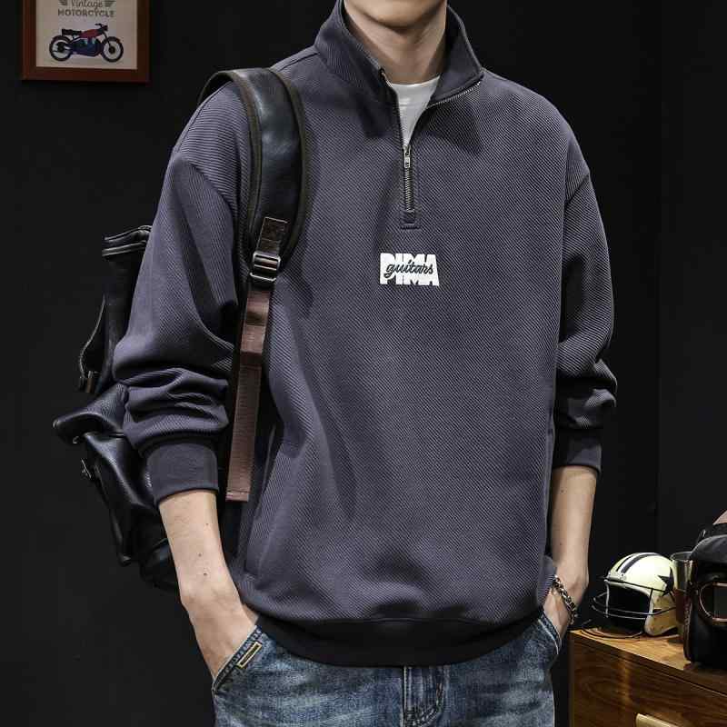 秋冬 コーデ メンズ 服 シンプル ファッション オシャレ 大人 かっこいい 大きいサイズ ストリート 紳士服 ハーフ タートルネック ジッパー トレーナー 服 ツイル ポケット