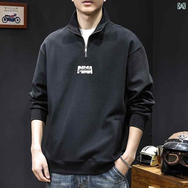 秋冬 コーデ メンズ 服 シンプル ファッション オシャレ 大人 かっこいい 大きいサイズ ストリート 紳士服 ハーフ タートルネック ジッパー トレーナー 服 ツイル ポケット