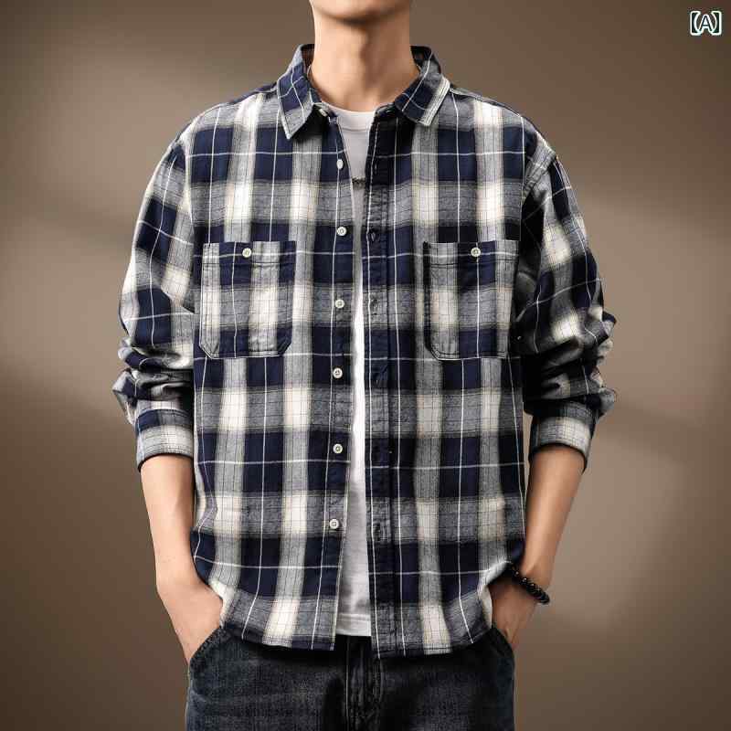 秋冬 コーデ メンズ 服 シンプル ファッション オシャレ 大人 かっこいい 大きいサイズ ストリート 紳士服 ハイエンド アメリカン レトロ コントラスト チェック柄 長袖 シャツ カジュアル ヴィンテージ
