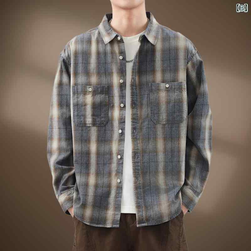 秋冬 コーデ メンズ 服 シンプル ファッション オシャレ 大人 かっこいい 大きいサイズ ストリート 紳士服 ハイエンド アメリカン レトロ コントラスト チェック柄 長袖 シャツ カジュアル ヴィンテージ