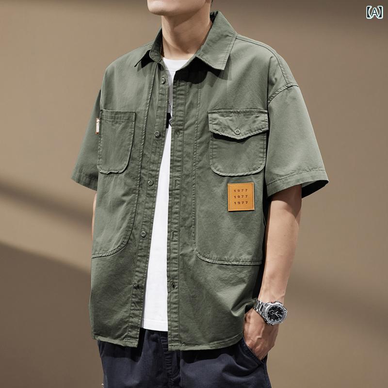 秋冬 コーデ メンズ 服 シンプル ファッション オシャレ 大人 かっこいい 大きいサイズ ストリート 紳士服 アメリカン レトロ アウトドア マルチ ポケット ワークウェア 半袖 シャツ 五分袖 ジャケット