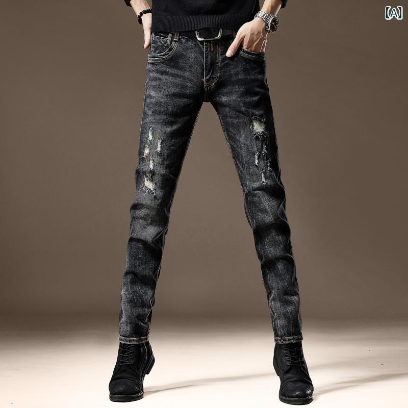 秋冬 コーデ メンズ 服 シンプル ファッション オシャレ 大人 かっこいい 大きいサイズ ストリート 紳士服 アメリカン レトロ リッピング ウィスカー ジーンズ ハイエンド スリム ストレート カジュアル パンツ