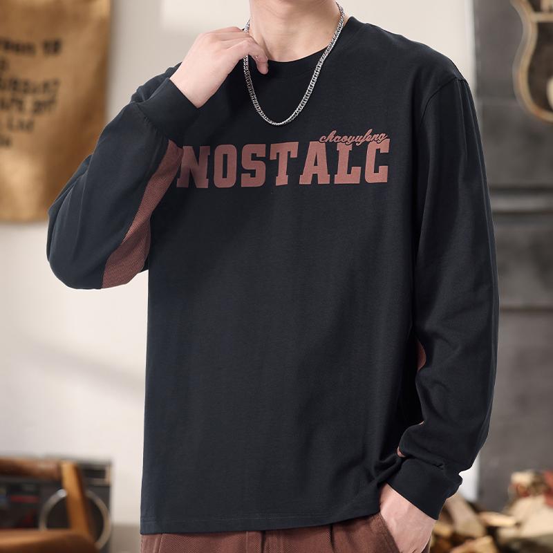 秋冬 コーデ メンズ 服 シンプル ファッション オシャレ 大人 かっこいい 大きいサイズ ストリート 紳士服 黒 セーター ラウンドネック スウェットシャツ プリント レイヤリング シャツ 長袖 T