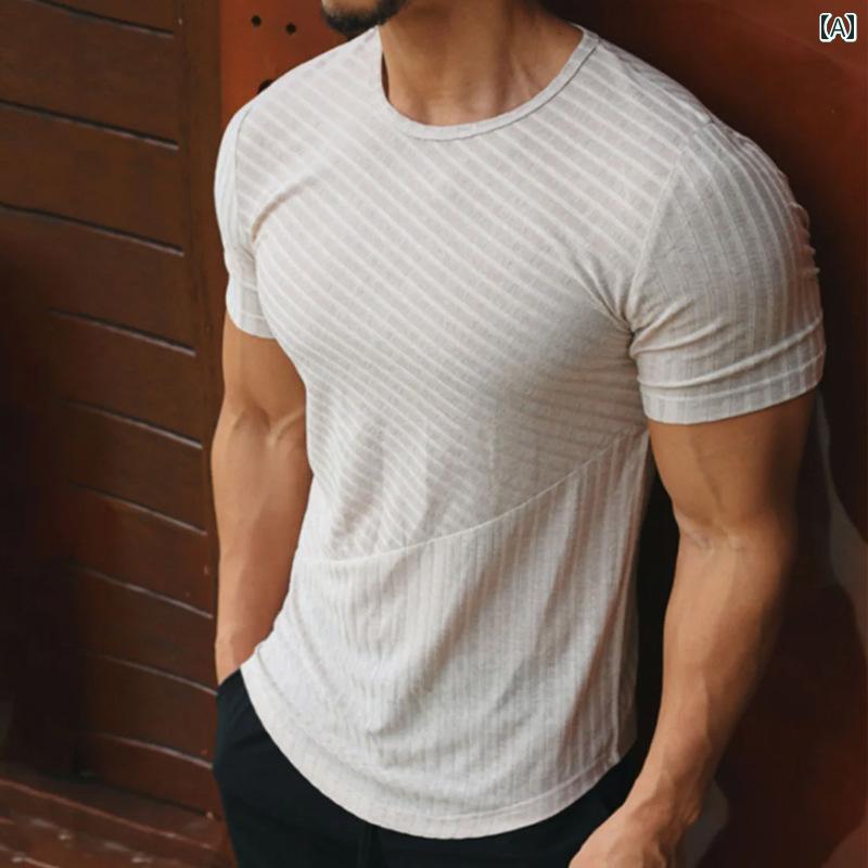 秋冬 コーデ メンズ 服 シンプル ファッション オシャレ 大人 かっこいい 大きいサイズ ストリート 紳士服 無地 カジュアル 半袖 T シャツ アメリカン ストライプ トップス