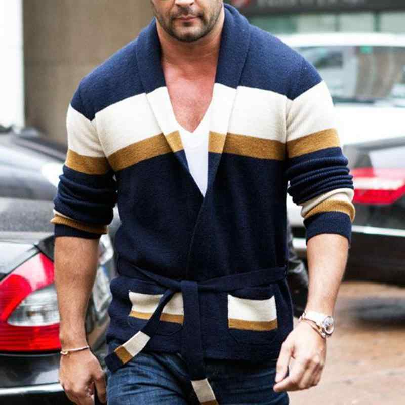 秋冬 コーデ メンズ 服 シンプル ファッション オシャレ 大人 かっこいい 大きいサイズ ストリート 紳士服 アメリカン レトロ ストライプ レースアップ トップス ニットカーディガン ジャケット ニット ウェア(4)