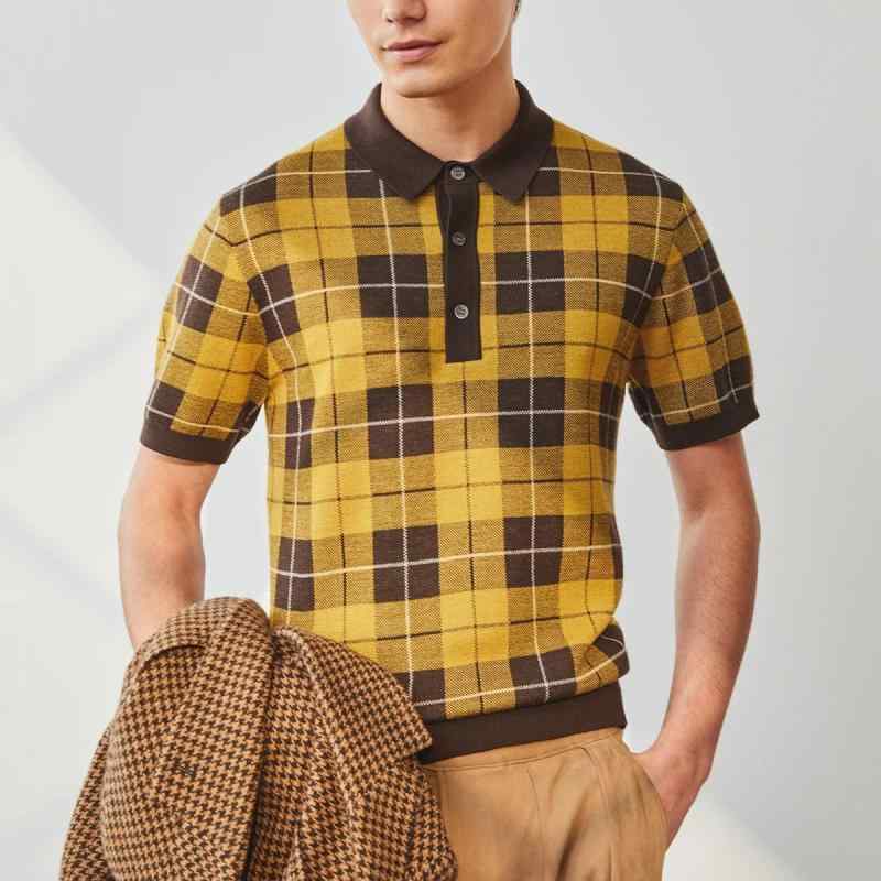 秋冬 コーデ メンズ 服 シンプル ファッション オシャレ 大人 かっこいい 大きいサイズ ストリート 紳士服 チェック柄 ジャカード ニット ポロシャツ カジュアル ビジネス シーン 半袖 トップス T シャツ