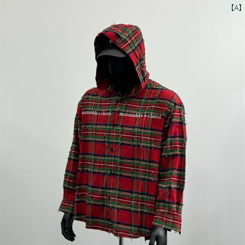 秋冬 コーデ メンズ 服 シンプル ファッション オシャレ 大人 かっこいい 大きいサイズ ストリート 紳士服 アメリカン レトロ 赤 チェック柄 シャツ ハイエンド 長袖 フード付き ジャケット CS