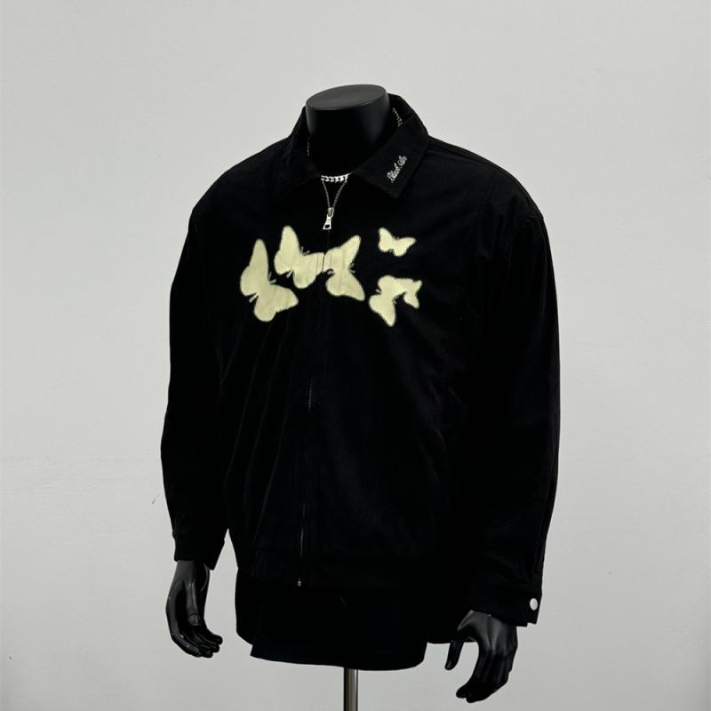 秋冬 コーデ メンズ 服 シンプル ファッション オシャレ 大人 かっこいい 大きいサイズ ストリート 紳士服 アメリカン バタフライ プリント ジッパー ジャケット ゆったり 黒 J 1261