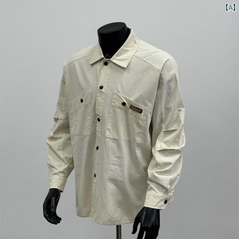 秋冬 コーデ メンズ 服 シンプル ファッション オシャレ 大人 かっこいい 大きいサイズ ストリート 紳士服 アメリカン 無地 ポケット 長袖 シャツ カジュアル ベージュ ジャケット CS4